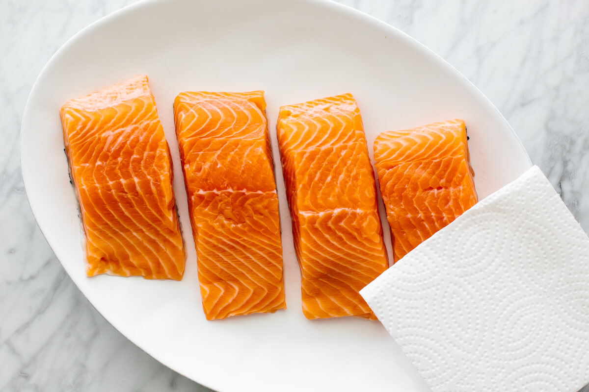 Salmon filets on a plate for air fryer salmon