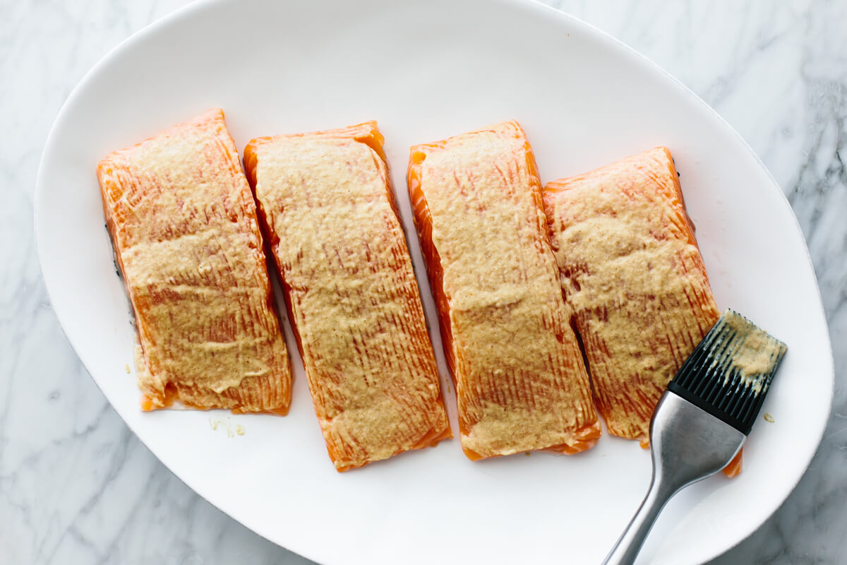 Salmon with Dijon mustard on a plate for air fryer salmon