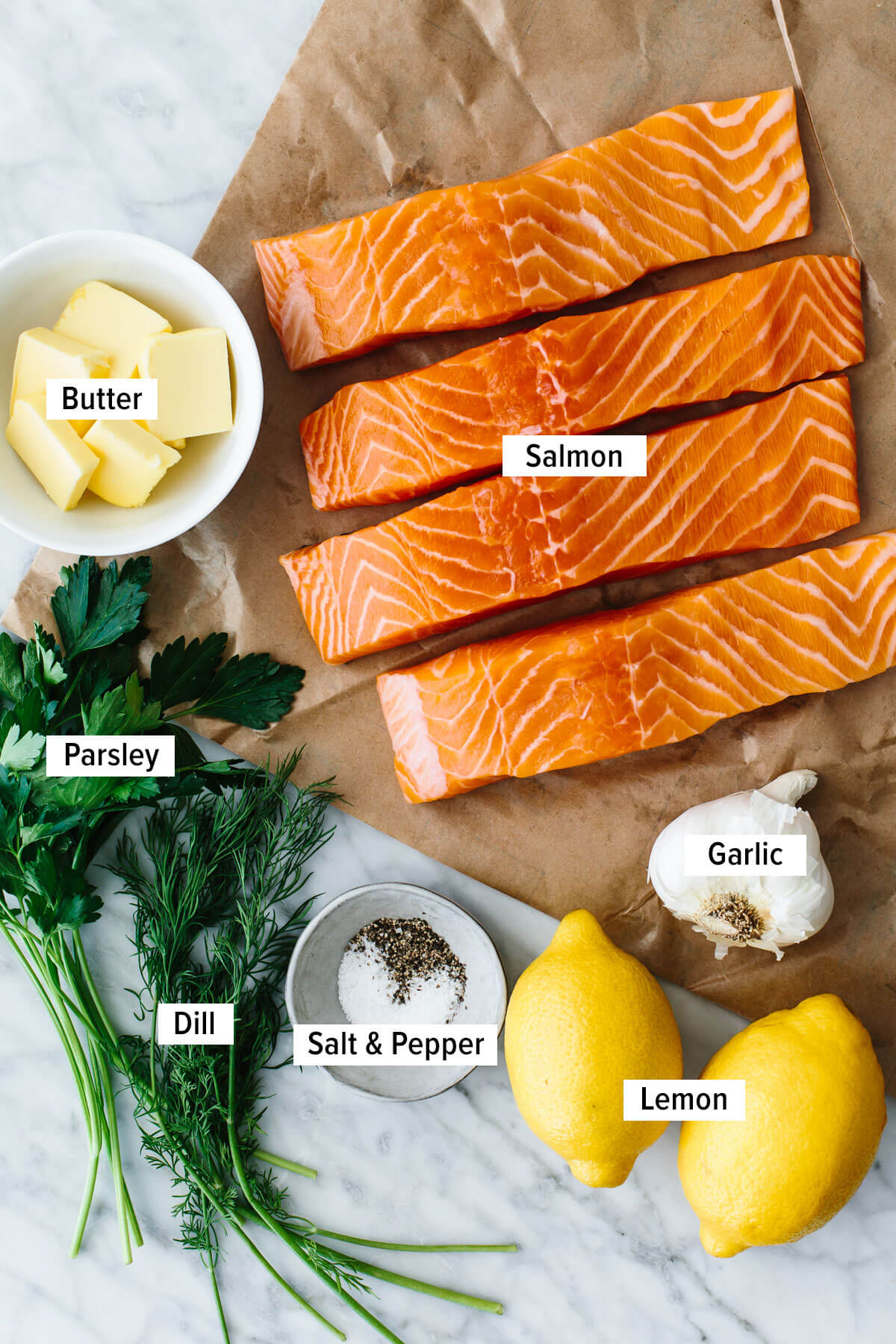 Ingredients for baked salmon on a table.