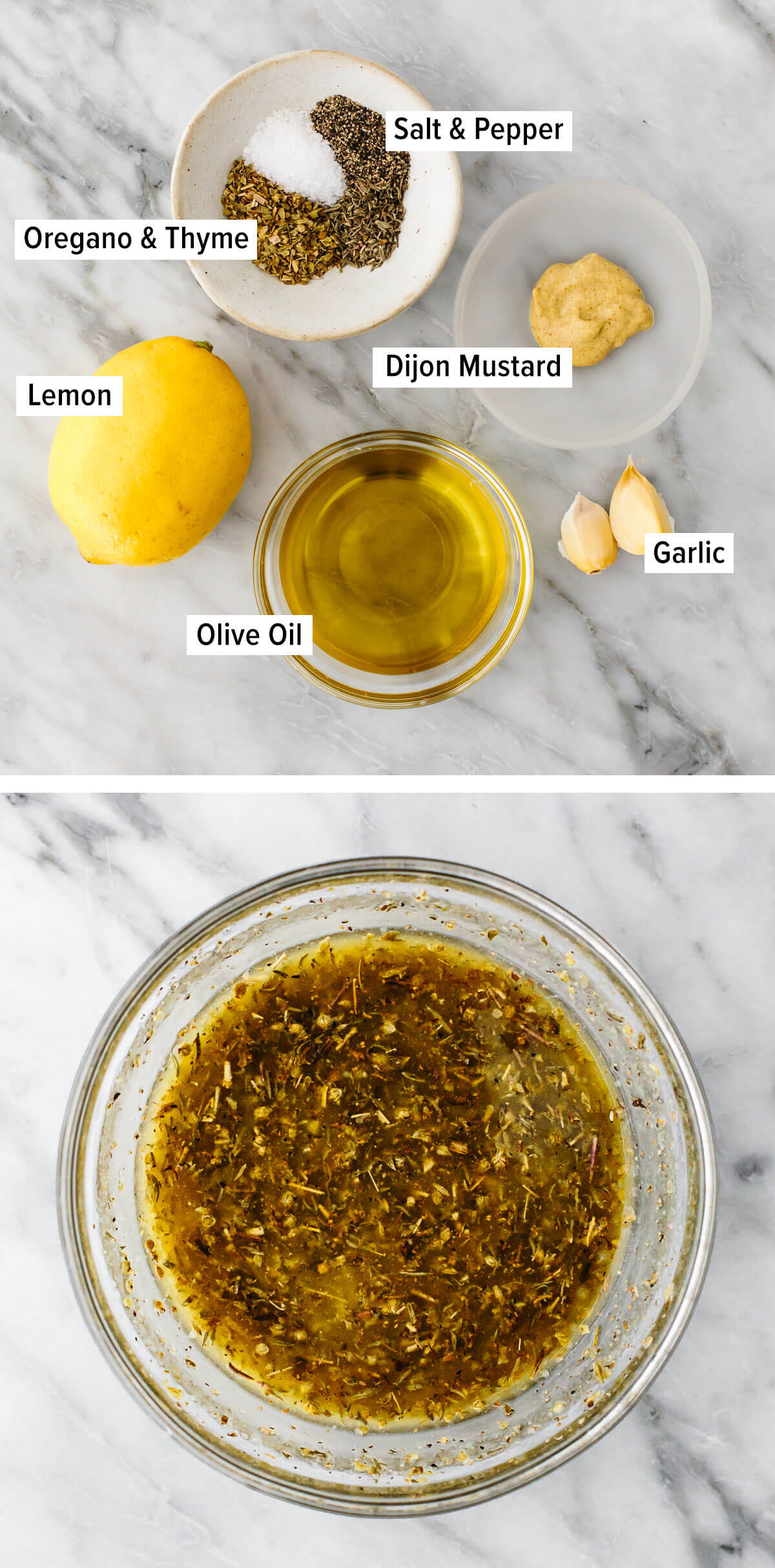 Ingredients for Greek lemon chicken marinade on a table