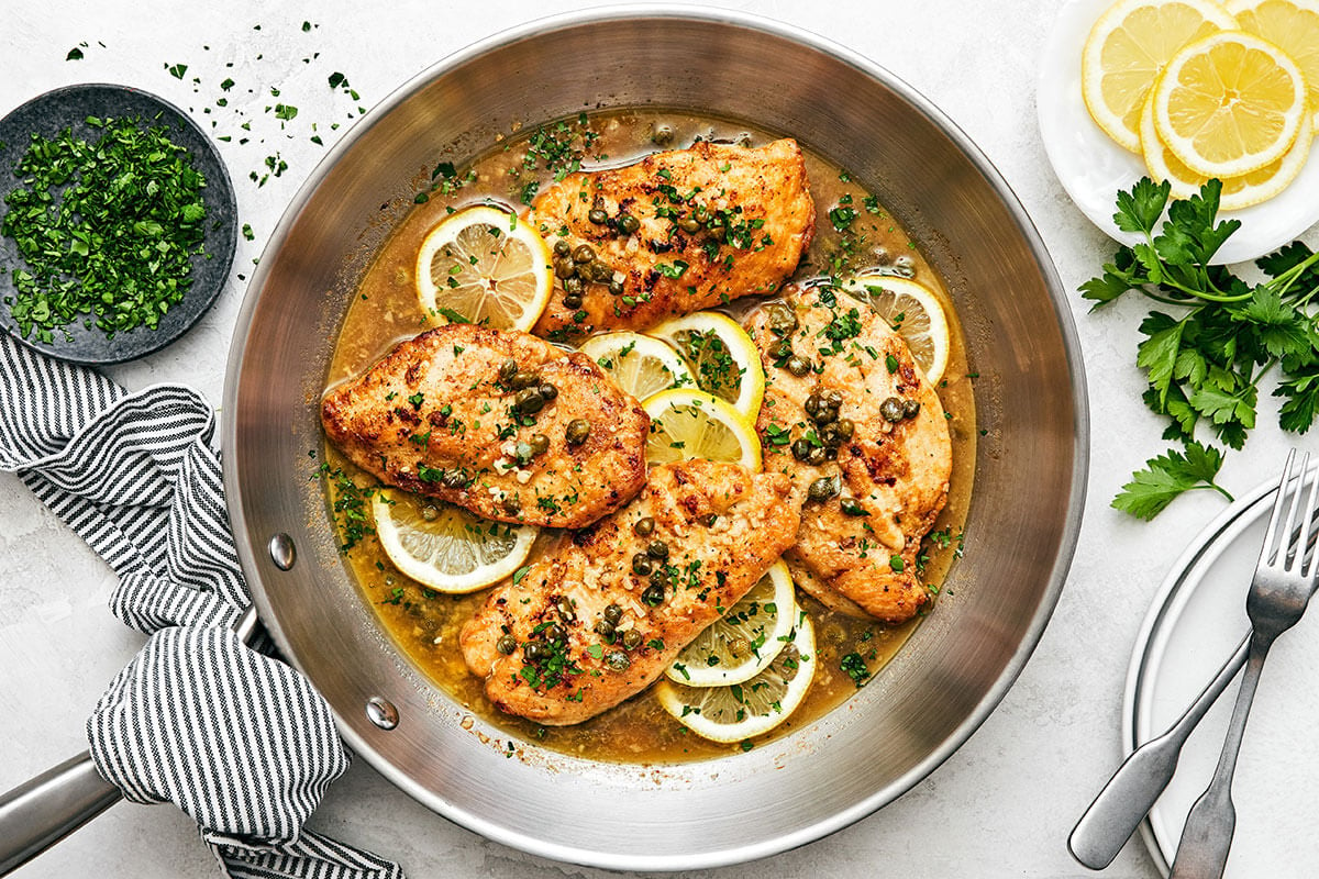 A pan with chicken piccata