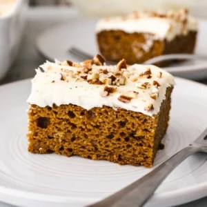 A plate with a slice of gluten-free pumpkin cake