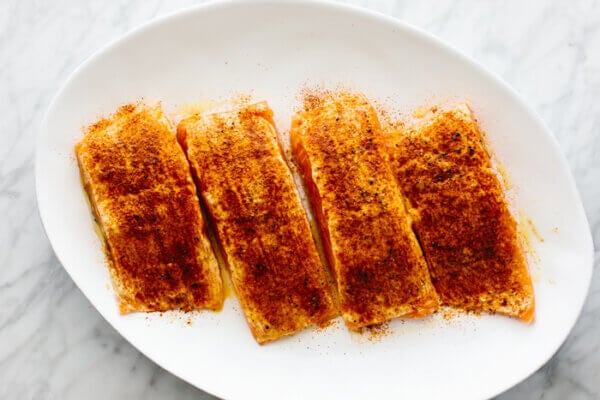 A plate of spiced filets for air fryer salmon