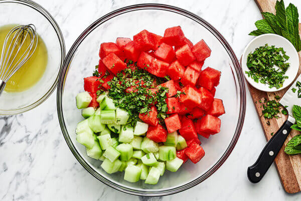 Watermelon salad in a glass bowl
