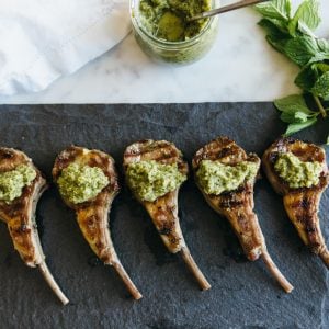 Rosemary grilled lamb chops with mint apple sauce. Paleo-friendly.