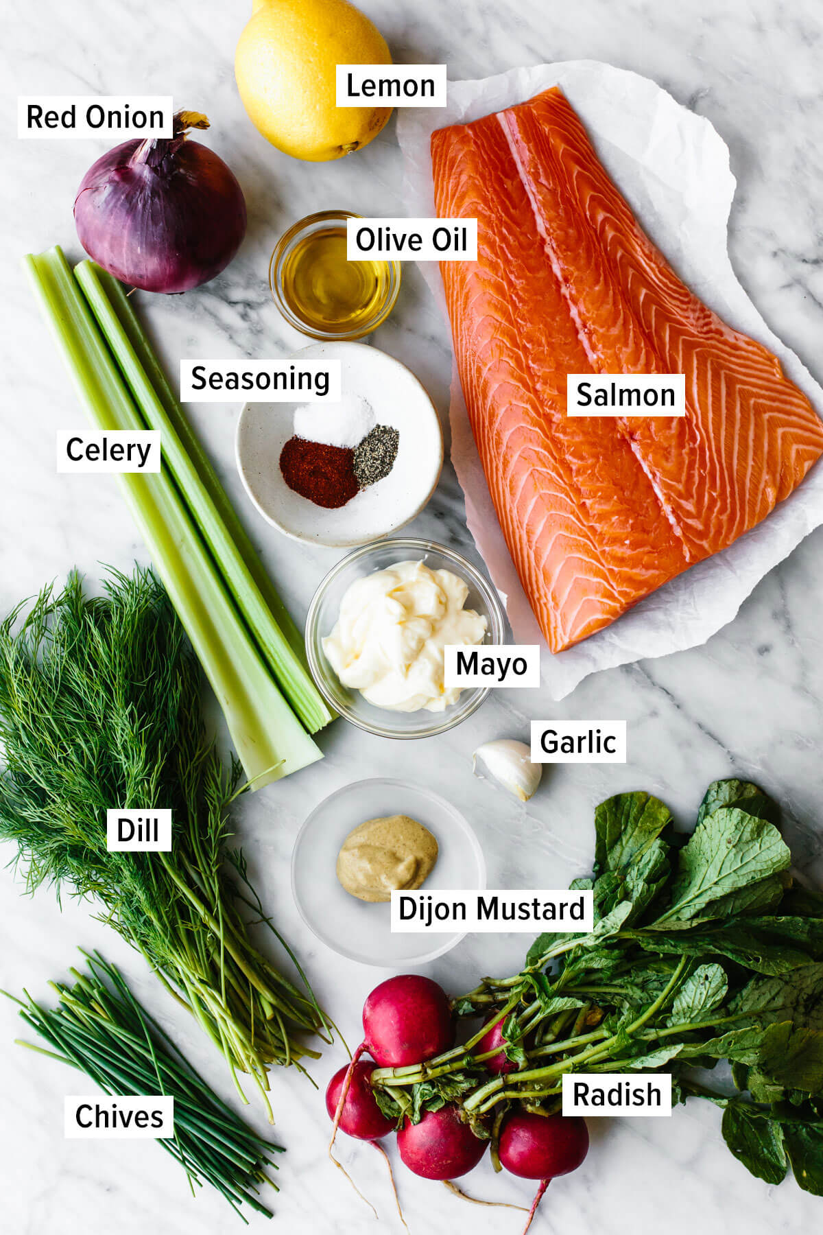Ingredients for salmon salad on a table