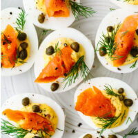 Best smoked salmon deviled eggs with dill.