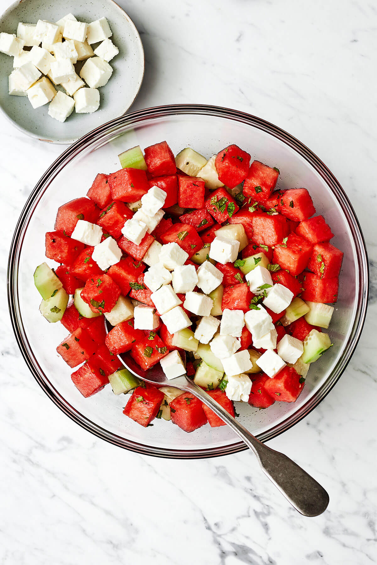 A bowl of watermelon salad