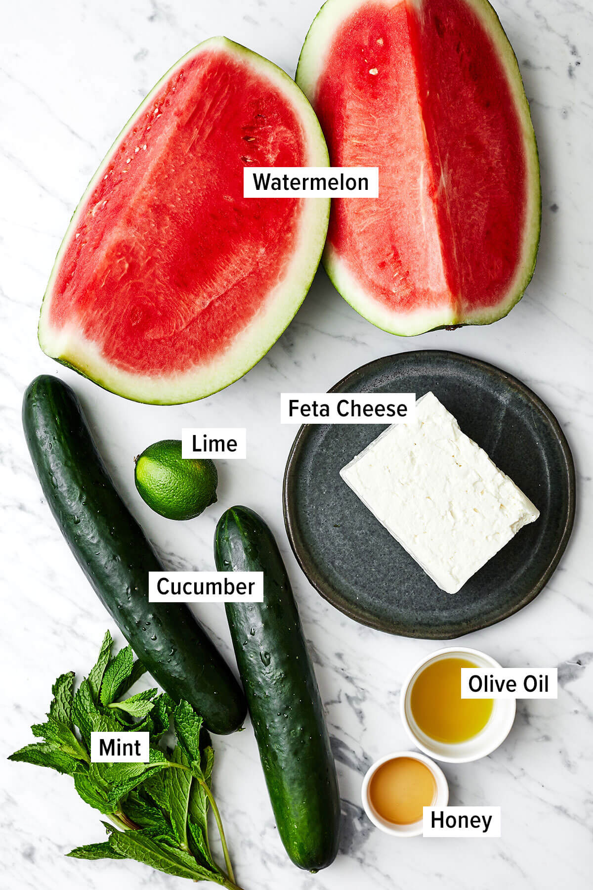 Ingredients for watermelon salad on a table
