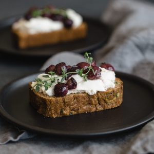 Gluten-Free Zucchini Bread with Burrata and Thyme Roasted Grapes. This delicious and moist zucchini bread can be sliced fresh or toasted.