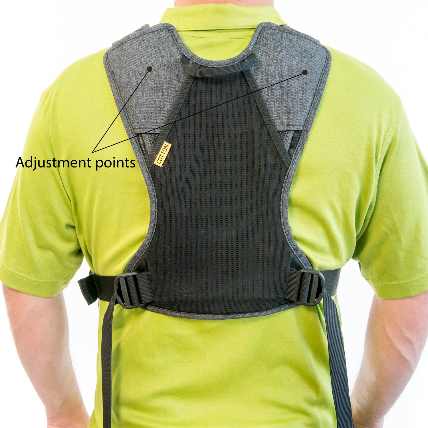 Instructional photo of man wearing a G3 camera harness with adjustable shoulder straps