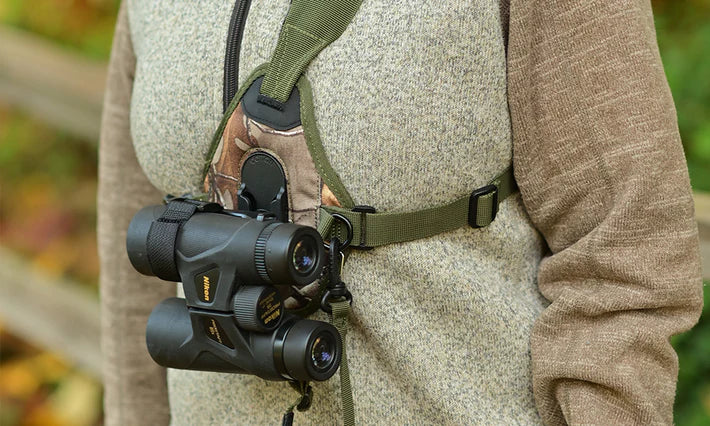 Binoculars in binocular harness